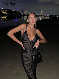 Nibber Sexy Mesh Abiti da ballo lunghi a pieghe per abiti da donna Solid Color Beach Party Dress Midi Wrap Outfit 240407