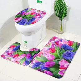 Badmatten Blumenmatten Set frische Blumenfelder und Gärten pflanzen nicht rutschfeste Toilettendeckel Fuß Teppichboden Teppich Badezimmerzubehör