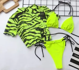 Menas de banho feminina Sexy Tiger Leopard Print Three Piece Thong Bikini Bathing Push Up Up Set manga curta Mulheres de maiô brasileiro