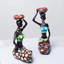 Ljushållare Afrikanska figurer Ljushållare 8.5 "Dekortabell Desk Dekorativ matsal Skulpturer Hartsling Candlestick Vintage