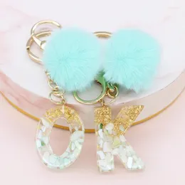 Keychains 26 Initials Letter Key Pendant With Green Fluffy Pompom Fashion Girls Handbag Glitter Gradient Resin Alphabet Keychain Charm