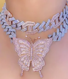 Новый 15 -миллиметровый Iced Out Bling Cz Cuban Link Chain Chain Rose Gold Pink Butterfly Collece Silver Color 2row Cz Cz Choker Women Hip Hop Jewelry9096982