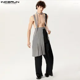 남자 바지 incerun 2024 American Style Mens Pantalons 세련된 격자 무늬 패치 워크 주름 바지 섹시 불규칙한 스트랩 반마 s-5xl