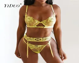 Yiduo Fashion Yellow Rouphe Conjunto de lingerie de renda transparente 3 peças Mulheres039s Underwire push up Bra Sexy Brief Sets Club Track6226038