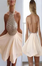 2019 Cheap Peach Halter Neck Homecoming Graduateion Dresses Blingbling Sequins Bodice Backless Chiffon Aline Short Prom Cocktail 9620136