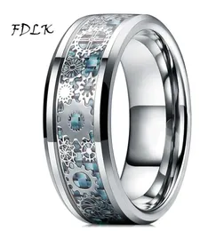 Wedding Rings Mens Steampunk Gear Wheel Stainless Steel Ring Dragon Inlay Light Blue Carbon Fiber Gothic Band Size 6136459316