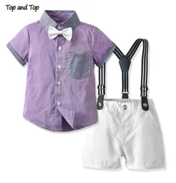 Top- und Top Summer Kids Boys Casual Clothing Sets Kurzarm Purple Shirt Overalls Kinder Jungen Gentleman Outfits Bebe Anzug x0504817957