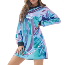 Casual Dresses Women Loose Holographic Dress O-Neck Long Sleeve Metallic Wetlook Oversized Mini Laser Short For