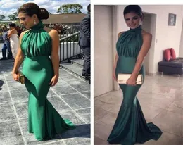 عالية الرقبة الزمرد Green Mermaid Dresses 2019 Sexy Off Levers Ruched Sweep Train Cheap Long Evening Dress Elegant Vestido D7859957