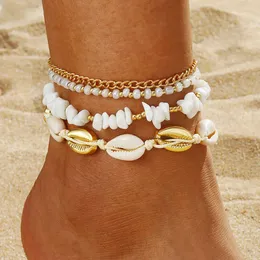 Bianco bianco in stile bohémien conchiglie di guscio di guscio per perle set di caviglia intrecciati di 4 pezzi