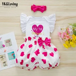 Valentinstag Girl Baby Kleidung Liebe Drucken Little Flying Sleeve Schatz Lanternhosen Haarzubehör 3-teilige Set 3-teilig Set