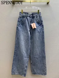 Frauen Jeans Spenneooy Sommer Runway Designer Vintage Hellblau Farbe Denim -Knopf Taschen Reguläre Taille geradeaus