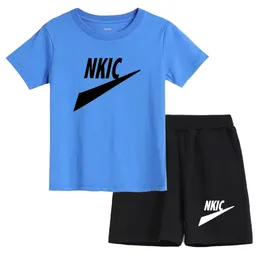 Summer 2pcs Kids Brand letter printing Clothes Sets Children Sports Style Tracksuits 100% Cotton Blue T-shirts and Shorts Boy and Girl Outfits Suits