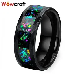 Hammered Tungsten Carbide Rings for Men Women Wedding Bands Galaxy Crushed Opal inlay Brushed Finish Comfort Fit 240415