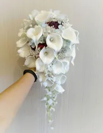 2019 Highend Custom Wedding Bouquet White Calla Lily Blue Wine Red Rose jasnoniebieski hortensja DIY Pearl Kryształowa broszka Bridal Bouq2003490