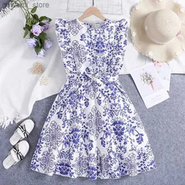 Vestidos de menina Garotas de verão projetadas clássicas VINTAGE AZUL RETRO VESTIDO PRINCESSO MENINA Vestido elegante diário casual