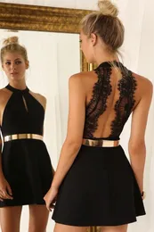 2015 Modna czarna sukienka Krótka suknie homecoming ze złotym paskiem 8 klasą suknie ukończenia szkoły koronkowe koktajl PROM DRES3494645