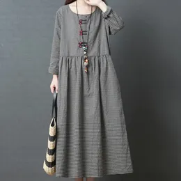 Summer Womens Loose Fashion For Women Big Code Girl Japanese Style Linen Long Sleeve Checked Dress Boho Beach Maxi Sundress 240415