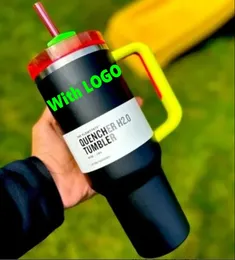 Estoque dos EUA neon preto starbacks de inverno cosmo rosa com 1: 1 logotipo apagão h2.0 40 oz de aço inoxidável xícaras com tampa de silicone e canecas de carro de palha garrafas de água u0415