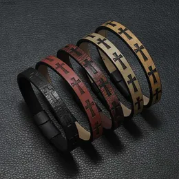 その他のブレスレットNoter Hiphop Rock Rock Leather Bracelet for Men Magnet Backle Cross Braslet Homme Castiralcassoriesパンクジュエリーラップブラザレテル240415