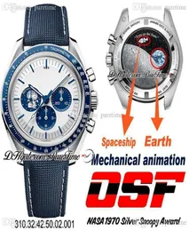 OSF Moonwatch Silver Snoop Award Manual Winding Chronograp Mens Watch 50th Anniversary White Dial Blue Nylon Fabric Strap Puretime6820143