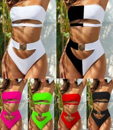 2020 Schöne Metallschnalle Bikini Women Tube Top Black zweiteilige Badebekleidung High Taille Push Up Bandeau Swimsuit6168391