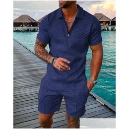 Men's Tracksuits Mens Terno 3D costura colorida Impressão de verão Camisa curta curta shorts Moda zíper de duas peças entrega de gotas apartamento dhq86