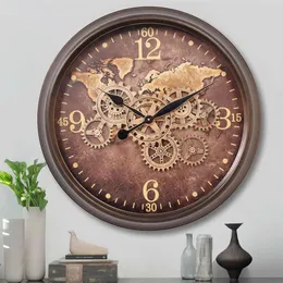 24 Inch Large Wall Clock with Moving Gears and World Map Dial - Industrial Decor Clock in Oil Rubbed Bronze Brown - Silent and Cool Oversized Timepiece for Living Room