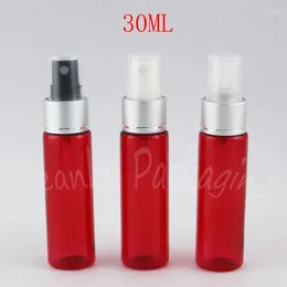 Storage Bottles 30ML Red Flat Shoulder Plastic Bottle With Spray Pump 30CC Makeup Sub-bottling Toner / Water Packaging