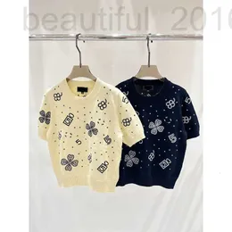 Frauen T-Shirt Designer 24 Jahre Frühlings-/Sommerstil Rundhals Hals kurzärmelige Strickjacke Pullover Top bestickter Muster Wollgestricker Pullover für Frauenkleidung E5PI