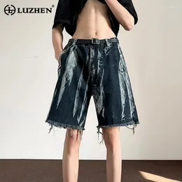 شورت الرجال Luzhen الأنيق الأصلي Wornout الحافة الخشنة مباشرة السراويل القصيرة 2024 Trendy High Street الشخصية جينز LZ2802