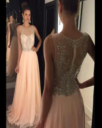 2020 Evening Dresses Wear Bling Jewel Neck Crystal Beading Chiffon Peach Sheer Back Floor Long Long Formal Cheap Party Dress Pro5640070