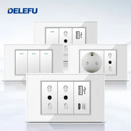 Delefu White Tempered Glass Glass Italy Standard Home Office EUアウトレットUSBタイプC Chile Korea Wall Socket Light Pressure Switch 118 240415