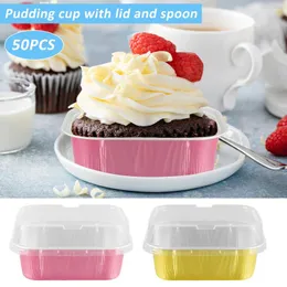 Depolama Şişeleri 50 PCS Alüminyum Folyo Cupcake Contaer 150ml Su geçirmez pişirme bardağı kapak ve çatallı dikdörtgen mini somun tava yeniden kullanılabilir