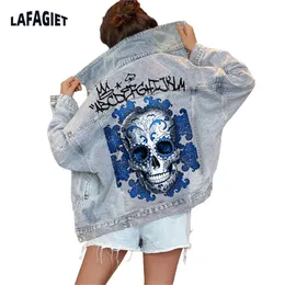 여성 데님 재킷 패션 캐주얼 두개골 인쇄 큰 그림 라이트 블루 진 코트 하이 스트리트 싱글 가슴 가슴 오버웨어 240415