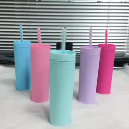 6 färger 16oz Creative Acrylic Skinny Tumblers med lockstrån Färgglada plast tumlare Dubbel vägg Återanvändbar matt mjölkvattenkopp 4950330