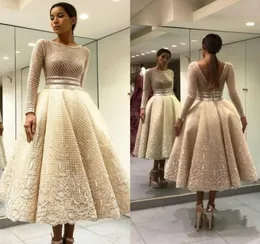 Şık balık ağı balo elbiseleri Bileau Boyun Uzun Kollu Boncuklu Akşam Elbiseleri Vestidos De Fiesta Arka Çay Uzunluğu Özel Durumu D3156797