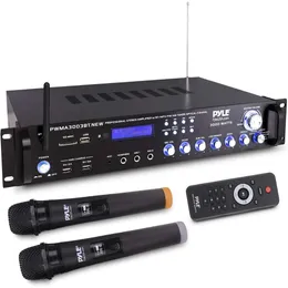 Pyle Bluetooth Home Audio Power Amplifier 3000W 스피커 선택기, FM 라디오, USB, 헤드폰 잭, 가라오케 용 2 개의 무선 마이크가있는 스테레오 수신기