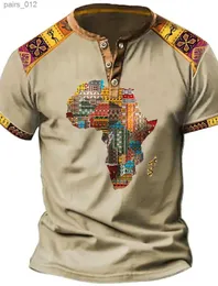 قمصان الرجال الرجعية الرجعية T-Shirt Africa Global 3D Printing T-Shirt V-Neck Button Extra Short Short Outdoor Street Clothing Top YQ240415