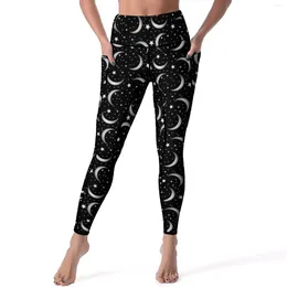 Active Pants Moon And Stars Leggings Magical Celestial Workout Yoga Push Up Retro Sport Pockets Stretch Design Legging