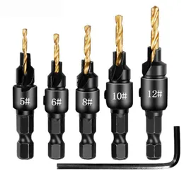 5pcs Contartersink Drill Drill Frill Woodworking Bits Set Drilling Pilots para tamanhos de parafuso 5 6 8 10 121045065