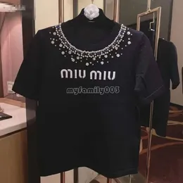 Designermui Mui Shirt 2024 Early Spring Miu New Rhinestone Letter LOGO Decoration Pure Cotton Short Sleeve Crew Neck T-Shirt Women 8394 Mui Mui Top 62