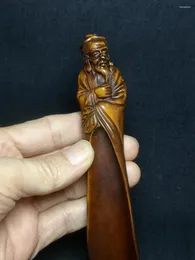 Dekorativa figurer Yizhu Cultuer Art Old Chinese Boxwood Hand Carved Man Longevity Statue Tea Spoon Gift Collection l 15.8 cm