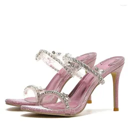Terlik trileino tarzı seksi kristal yüksek topuklu parti kadın moda yılan baskısı açık ayak parmağı şeffaf sandaletler kaydırıcı ayakkabılar