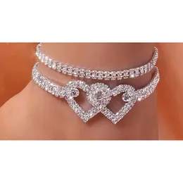 Rhinestone Double Heart Anklets for Women Hollow Out Love Foot Chain Anklet Bracelet for Wedding Party