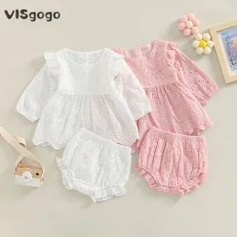 Shorts Visgogo Toddler Baby Girls Clothes Solid Color Cutout Round Neck Long Sleeve Tshirt Tops Ruffle Shorts Spring Fall Outfits