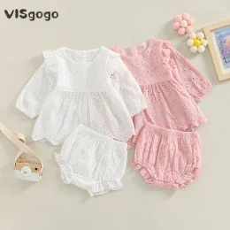 ショートパンツヴィスゴゴ幼児の女の子の女の子服ソリッドカラーカットアウトラウンド首長袖Tシャツトップフリルショーツ春秋の衣装