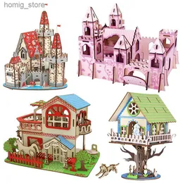Puzzle 3d fumetti in legno cartone animato 3d in legno puzzle principessa paradiso castello giocattoli fai -da -te per bambini girls house house model regalo di compleanno y240415