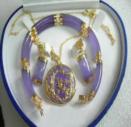 Purple Jade Gold Plated Fortune Dragon Phenix Armband Anhänger Halskette Ohrringe34355304064485