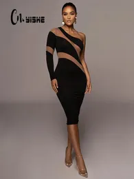 Cnyishe One Spalla Mesh Sheer Midi Dress per Women Party Club Abiti eleganti Autumn Fashion Streetwear Spese Slim 240409